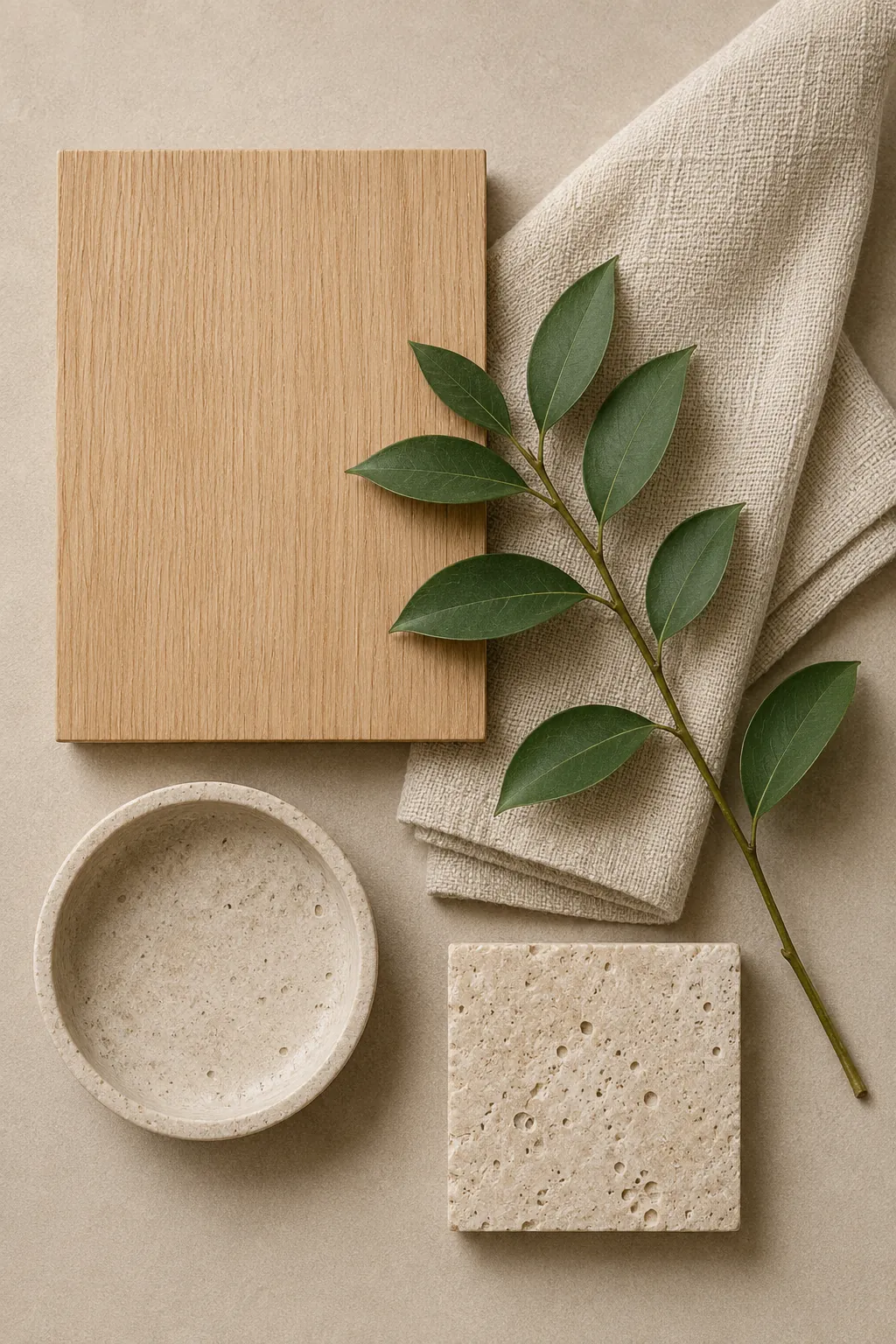 Planned studio material palette concept, white oak, travertine stone, natural linen