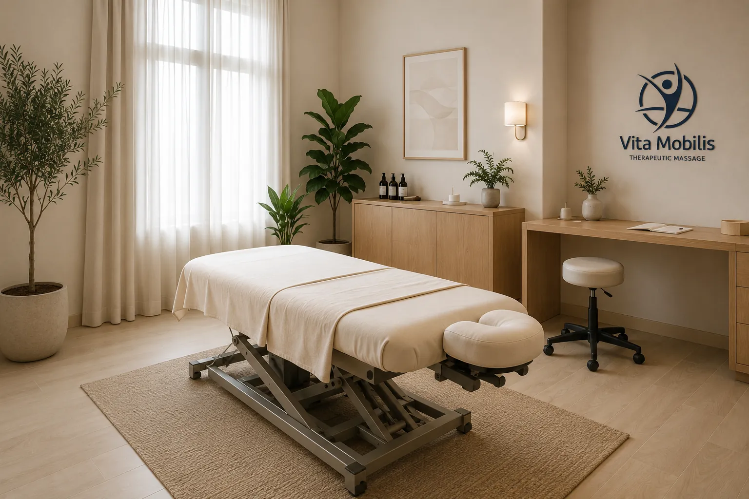 Planned studio treatment room concept, hydraulic table, natural light, calm neutral palette