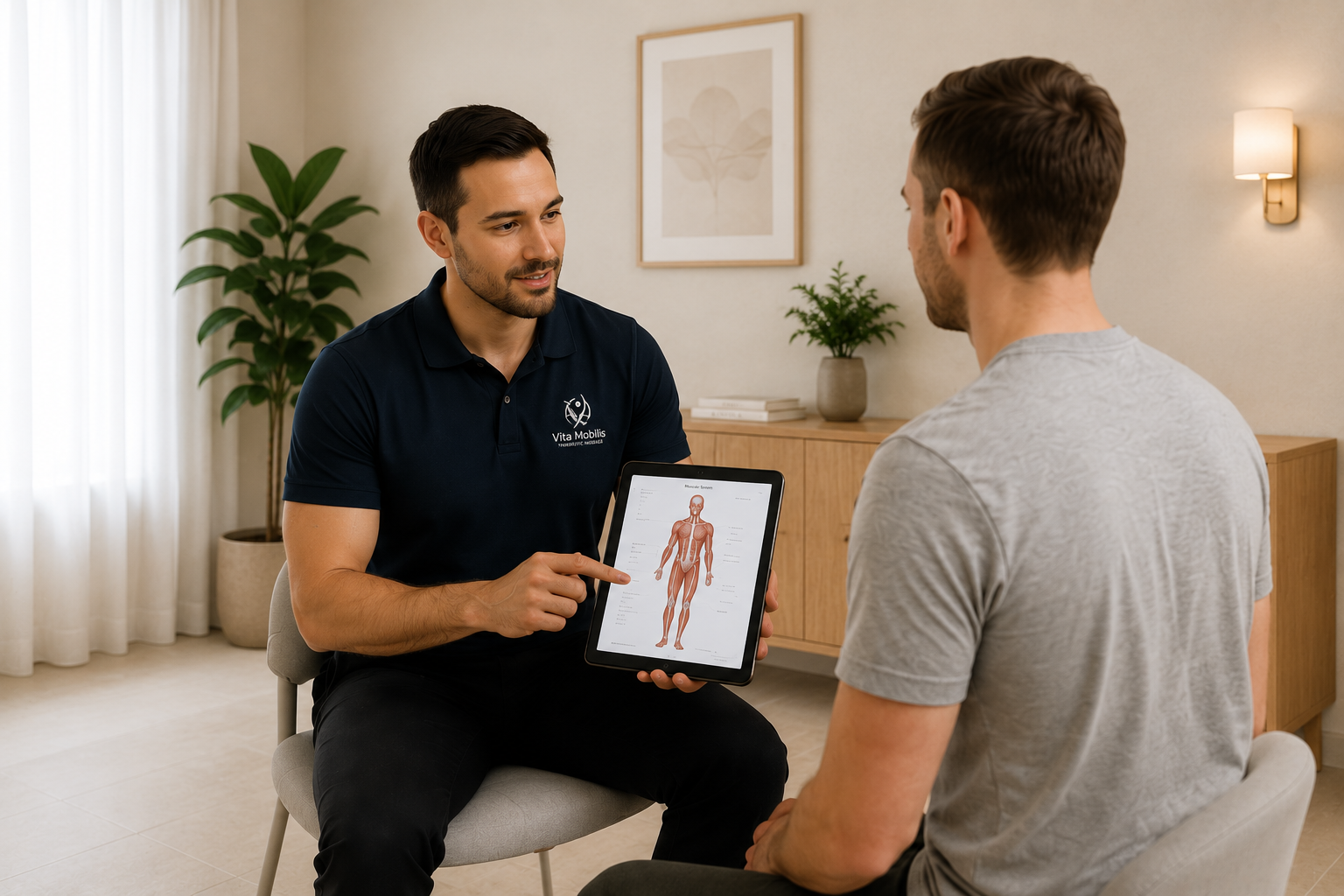 Laszlo Kolberg reviewing a muscular assessment on a tablet with a client