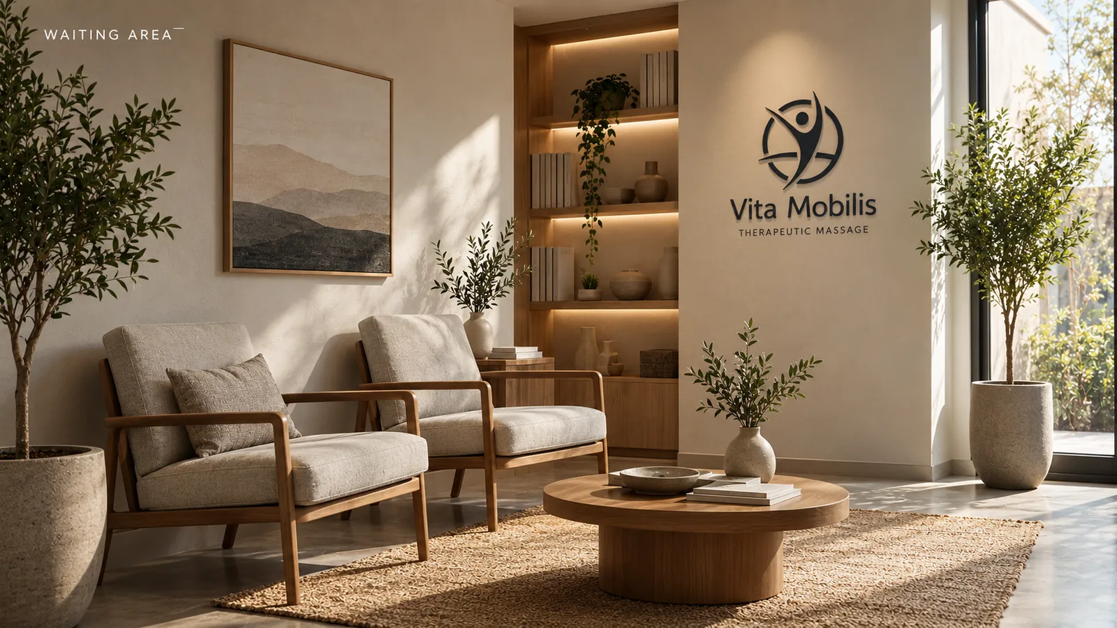 Planned studio waiting area concept, linen armchairs, oak shelving, and olive plants